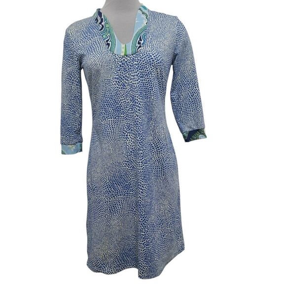 J.McLaughin Gisel Tunic Catalina V Neck Speckle Blue/White/Green Patterned Small - Picture 3 of 12